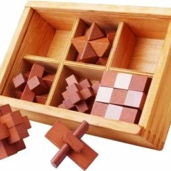 Merkloos Set Van 6 Houten IQ Puzzels - Breinbrekers - 3D Puzzel
