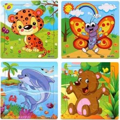 Exporteren puzzels winkel 39 Aslan? 4 Houten Puzzels Van 9 Stukjes - Dieren: Tijger, Vlinder, Dolfijnen En Beer - Voor Kinderen Van 1-4 Jaar