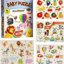 Exporteren puzzels winkel 26 Allerion? Allerion Houten Puzzel Set - 4 Stuks Legpuzzels Vanaf 1 Jaar - STEM Speelgoed - Voertuigen - Boerderij - Dierentuin Fruit