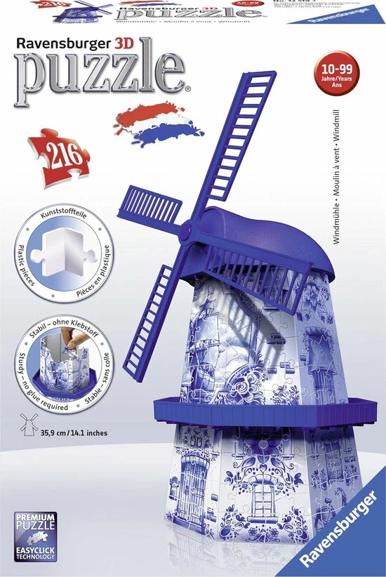 Ravensburger Windmolen Delftsblauw - 3D Puzzel Gebouw - 216 Stukjes 3 Ravensburger Windmolen Delftsblauw - 3D Puzzel Gebouw - 216 Stukjes
